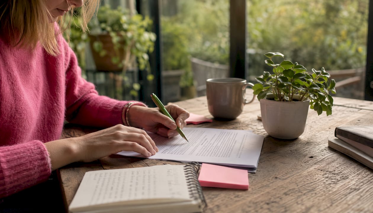 Hands marking printed pages with a pen in office