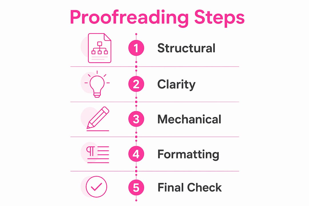 Infographic with five-step proofreading process flow