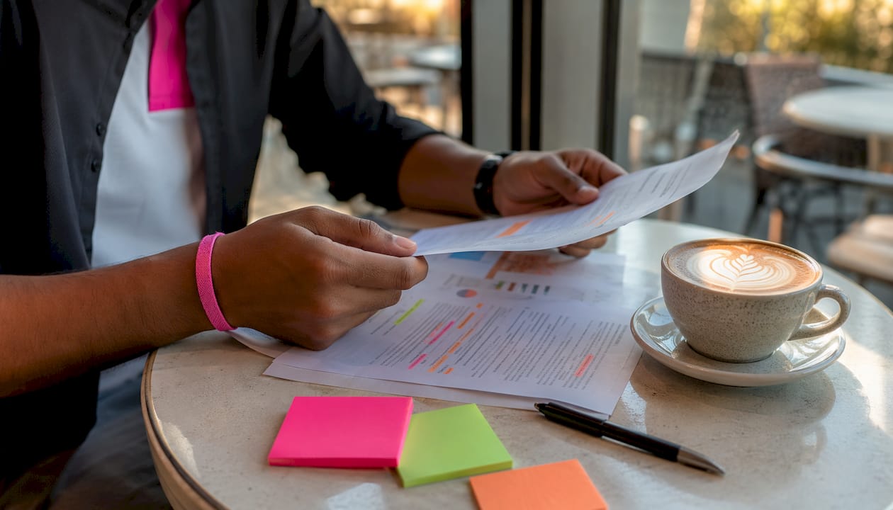 Hands manually reviewing SEO report printout