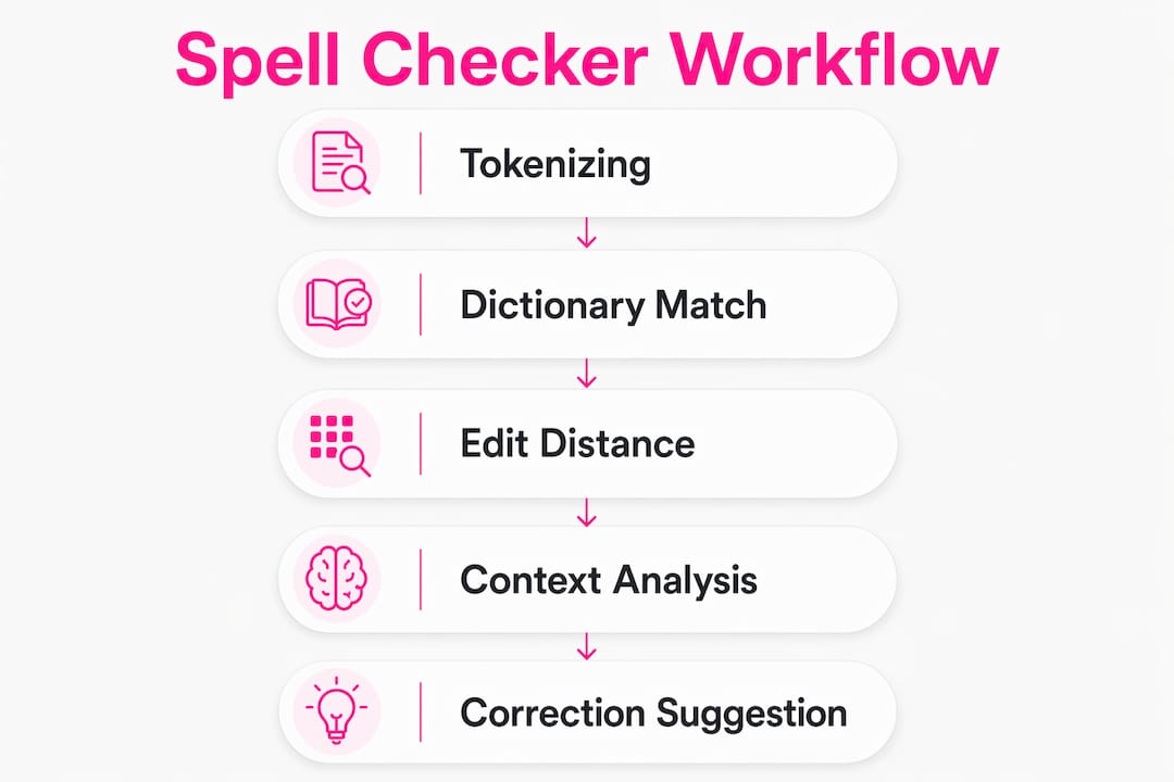 Infographic showing five step spell checker workflow