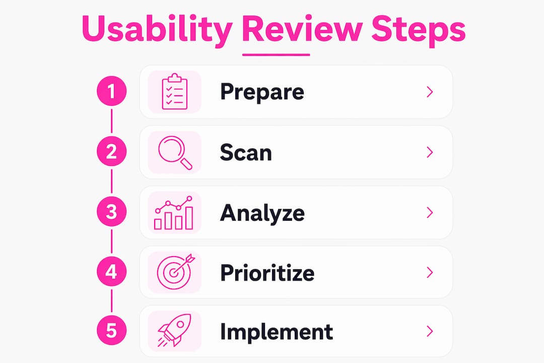 Infographic showing key website usability review steps