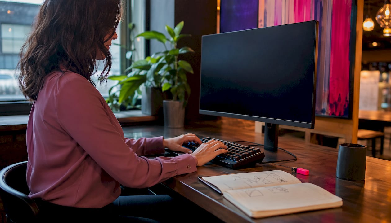 Technical hands typing at modern workstation
