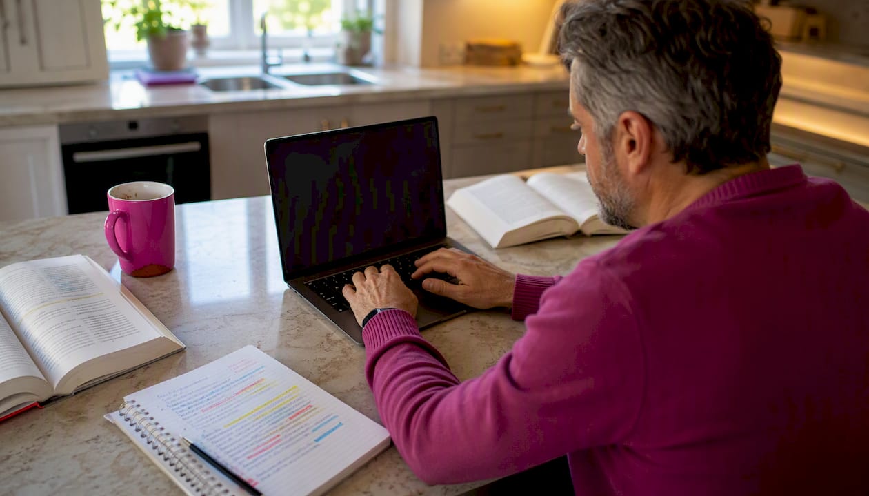 Hands typing on keyboard for AI copy editing