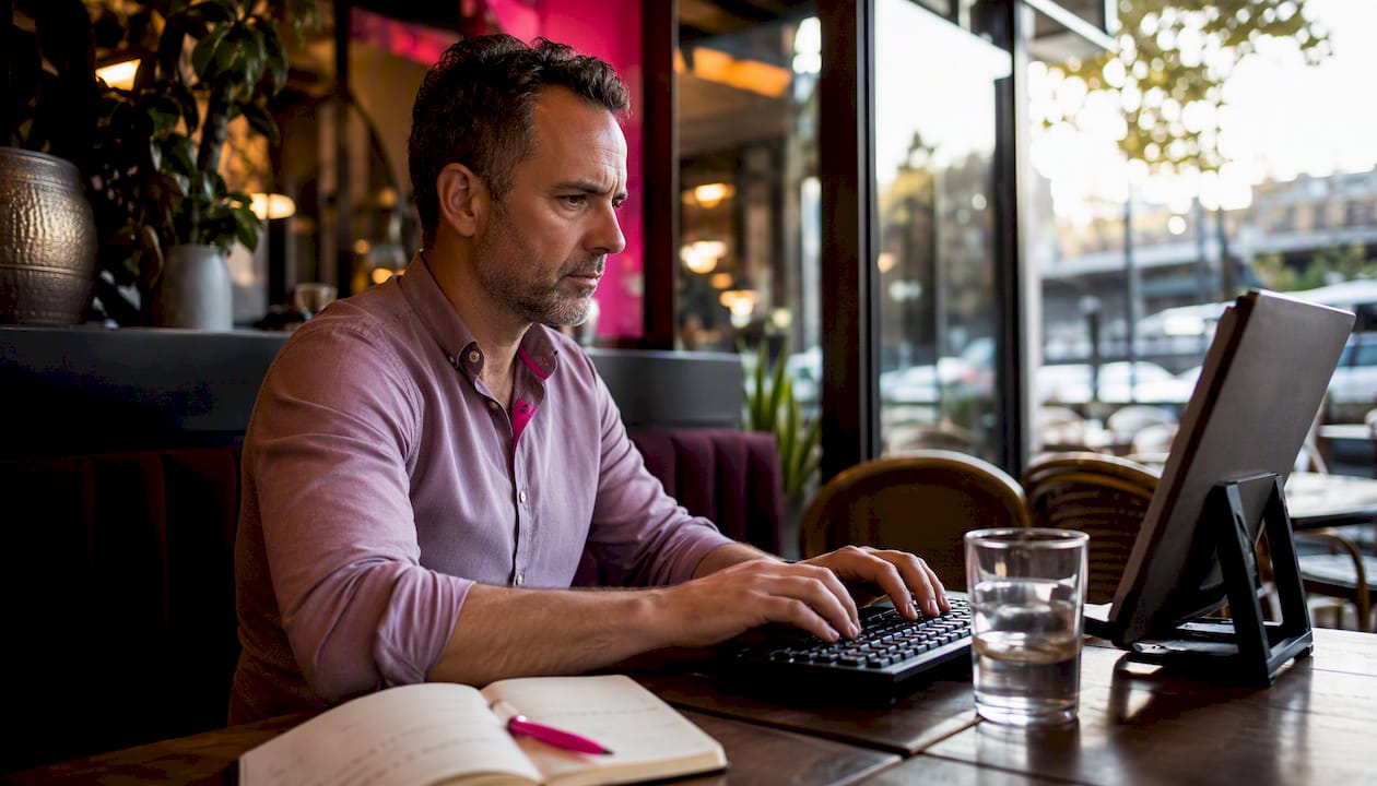 Hands typing on keyboard in home office