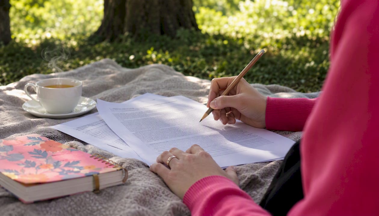 Proofreader hands marking typeset document