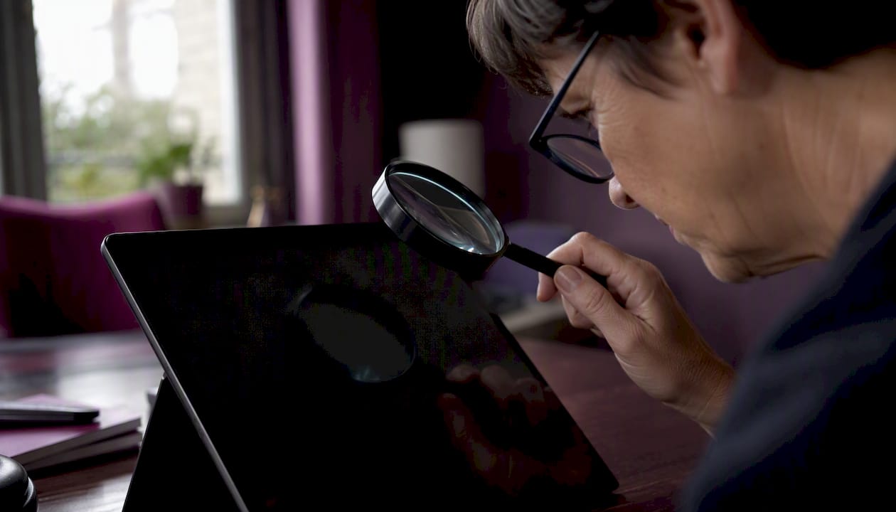 Person inspecting blank laptop screen with magnifying glass