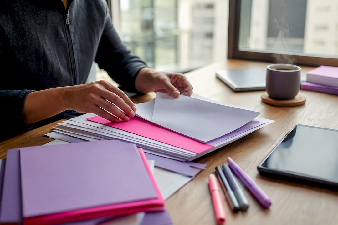 Hands sorting website handoff checklists on desk