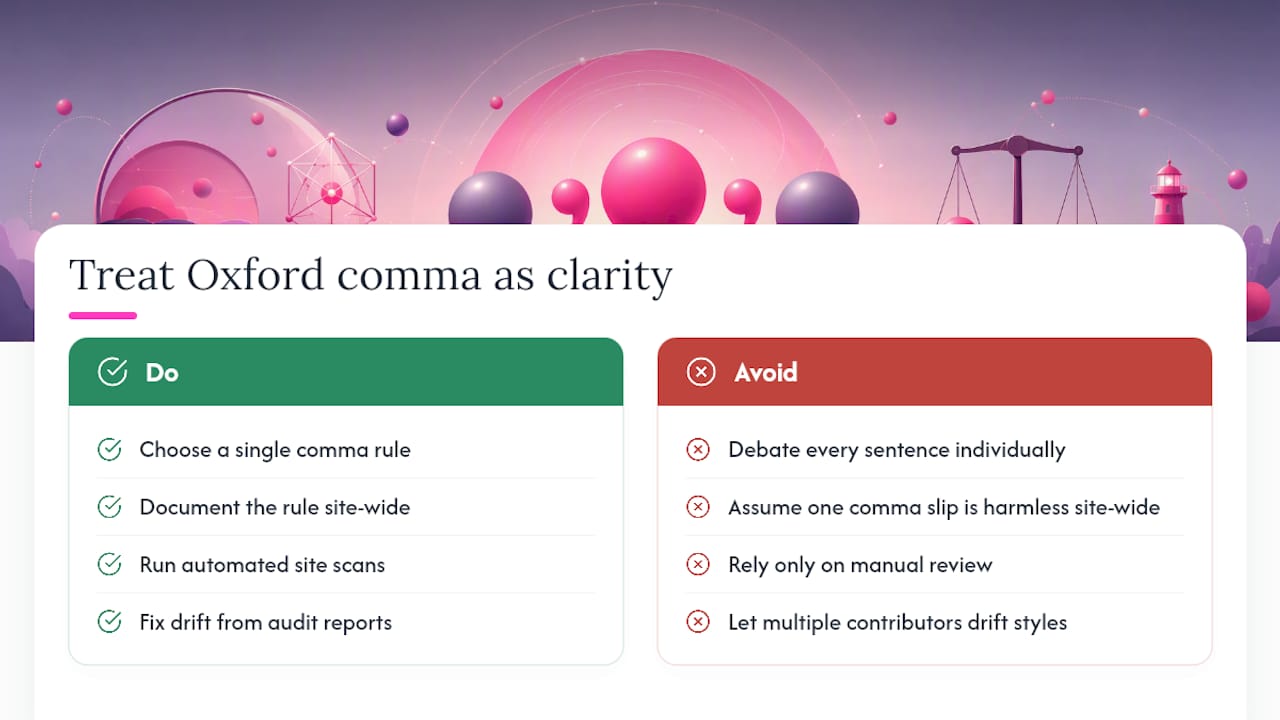 Why we treat the Oxford comma as a clarity tool, not a house style badge — overview diagram