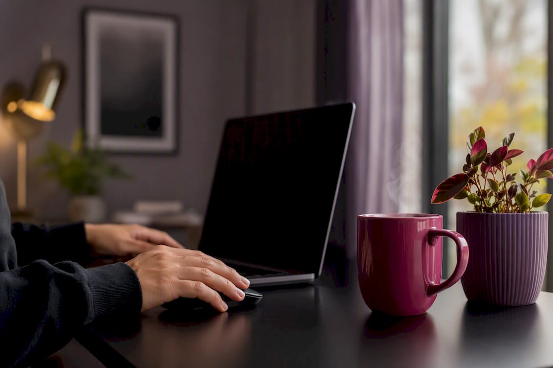 Hands using mouse next to dark laptop and coffee cup