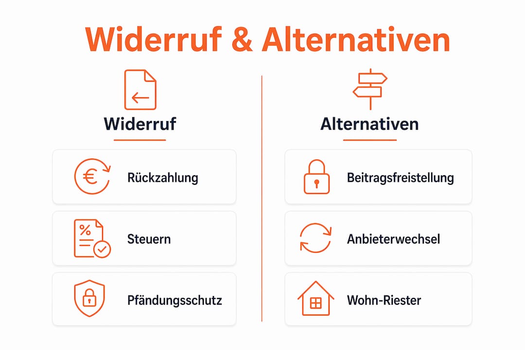 Grafische Übersicht: Möglichkeiten zum Widerruf der Riester-Rente und alternative Handlungsoptionen im Vergleich