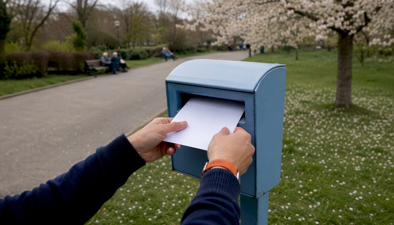 Eine Hand wirft einen Brief in den Briefkasten ein.