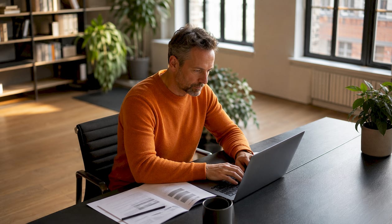 Ein Mann sitzt im Café und überlegt, auf welchem Weg er am besten kündigen kann – ob per Brief, E-Mail oder vielleicht sogar persönlich.