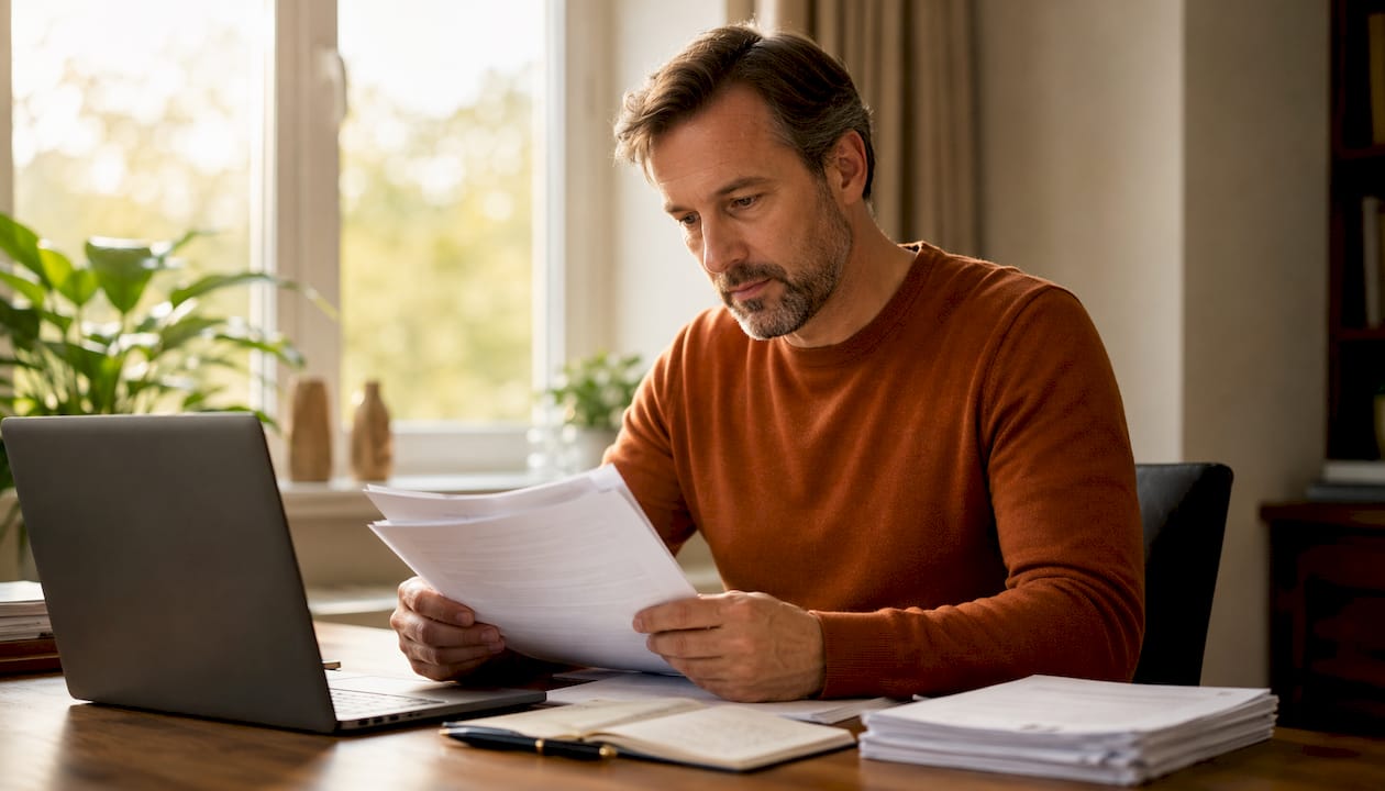 Ein Mann liest seinen Vertrag sorgfältig durch und bereitet ein Widerrufsschreiben vor.
