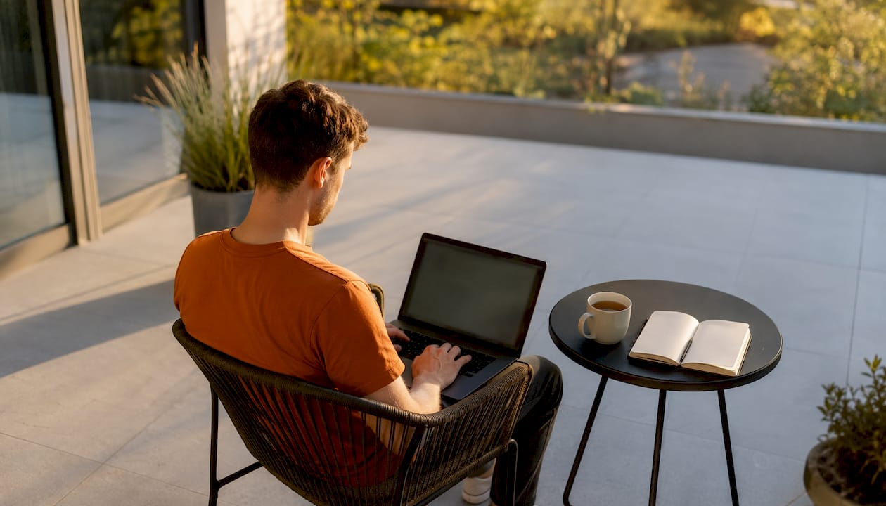 Ein Mann sitzt zu Hause am Laptop und kündigt bequem online seinen Vertrag.