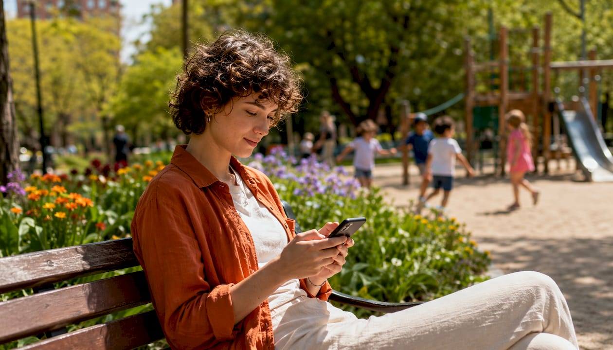 Eine Frau steht draußen und startet auf ihrem Smartphone die Rufnummernmitnahme zu einem neuen Anbieter.