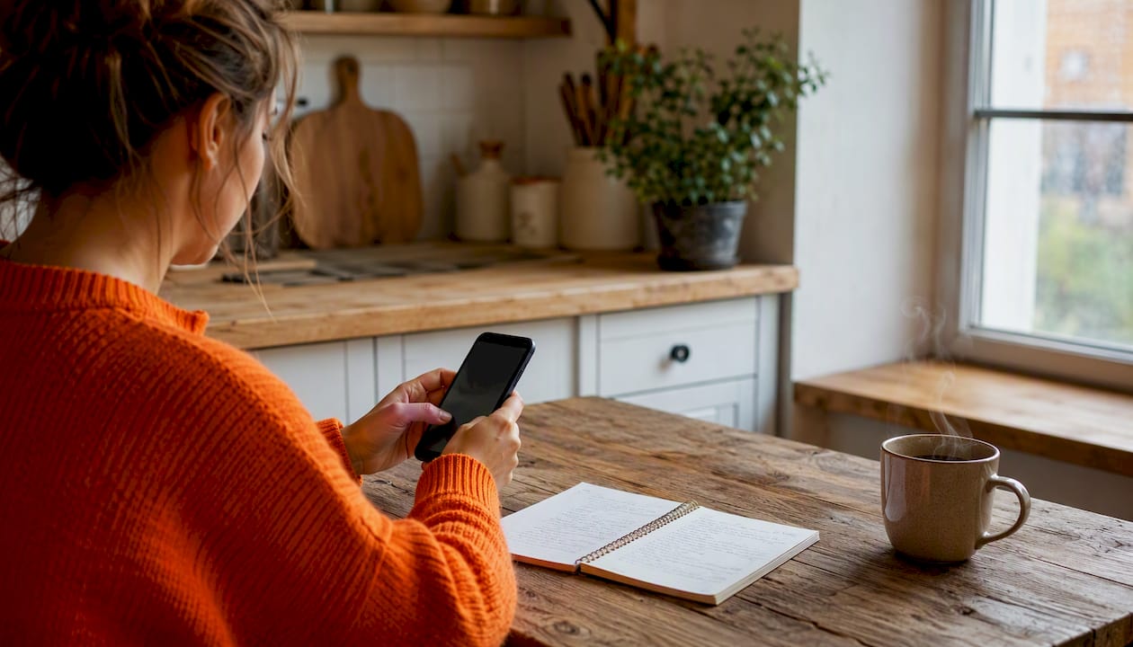 Eine Frau schaut auf ihrem Smartphone die Bestätigungs-Mail von Netflix an.