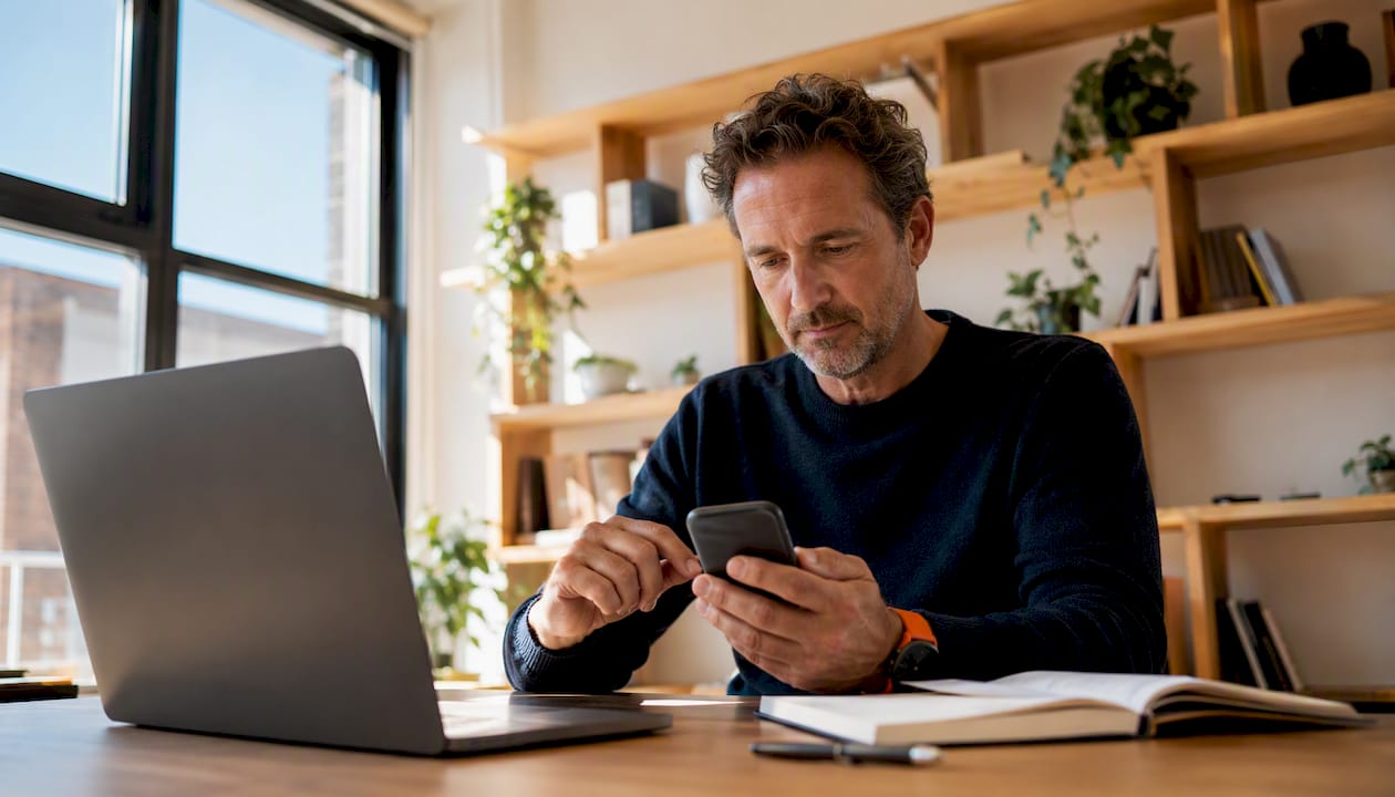 Ein Mann beendet sein Netflix-Abo während der Arbeit schnell über sein Handy.