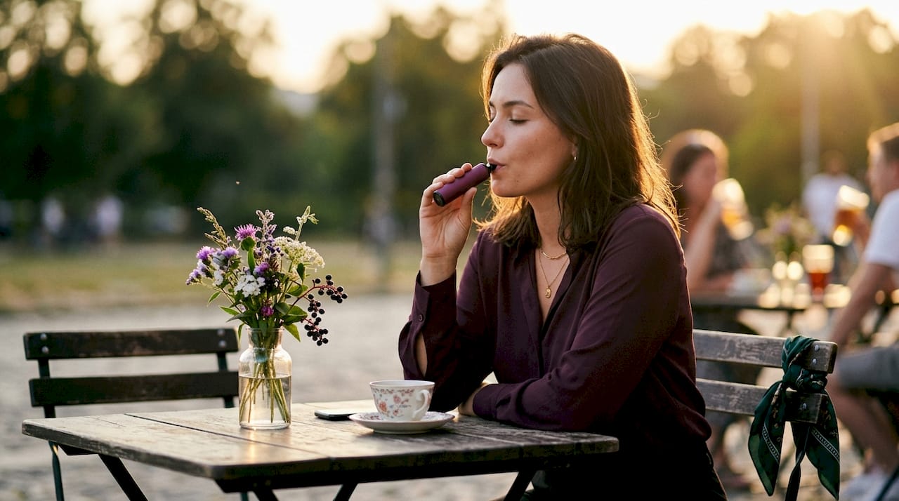 Man savoring Berry Bliss Geek Bar vape at café
