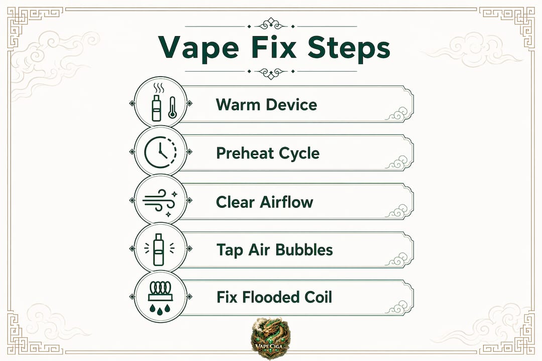 Infographic showing step-by-step fixes for vape no smoke