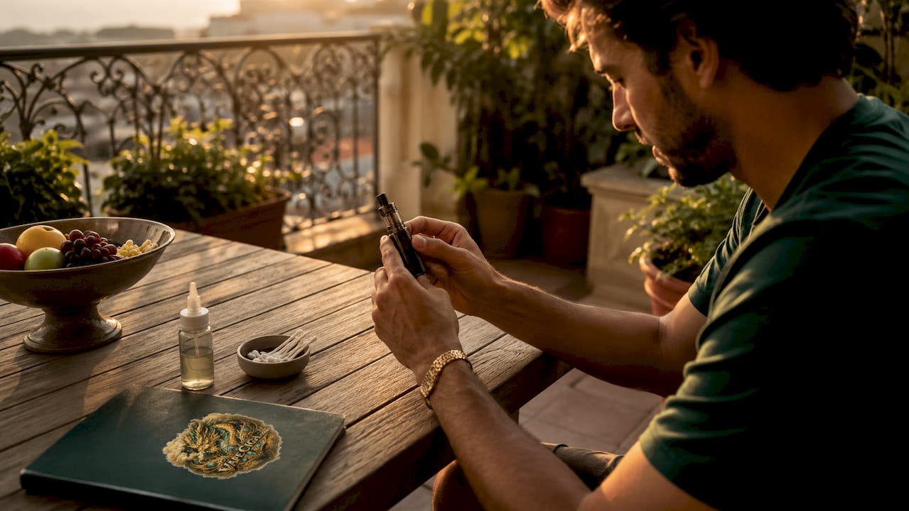 Hands tapping disposable vape to fix no smoke issue