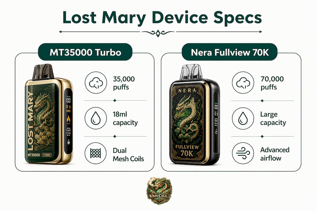Comparison infographic of Lost Mary device specifications