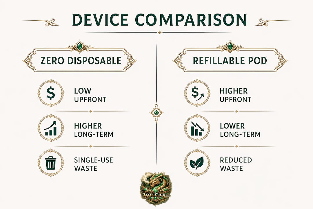 Infographic comparing zero disposable vapes and refillable pod systems