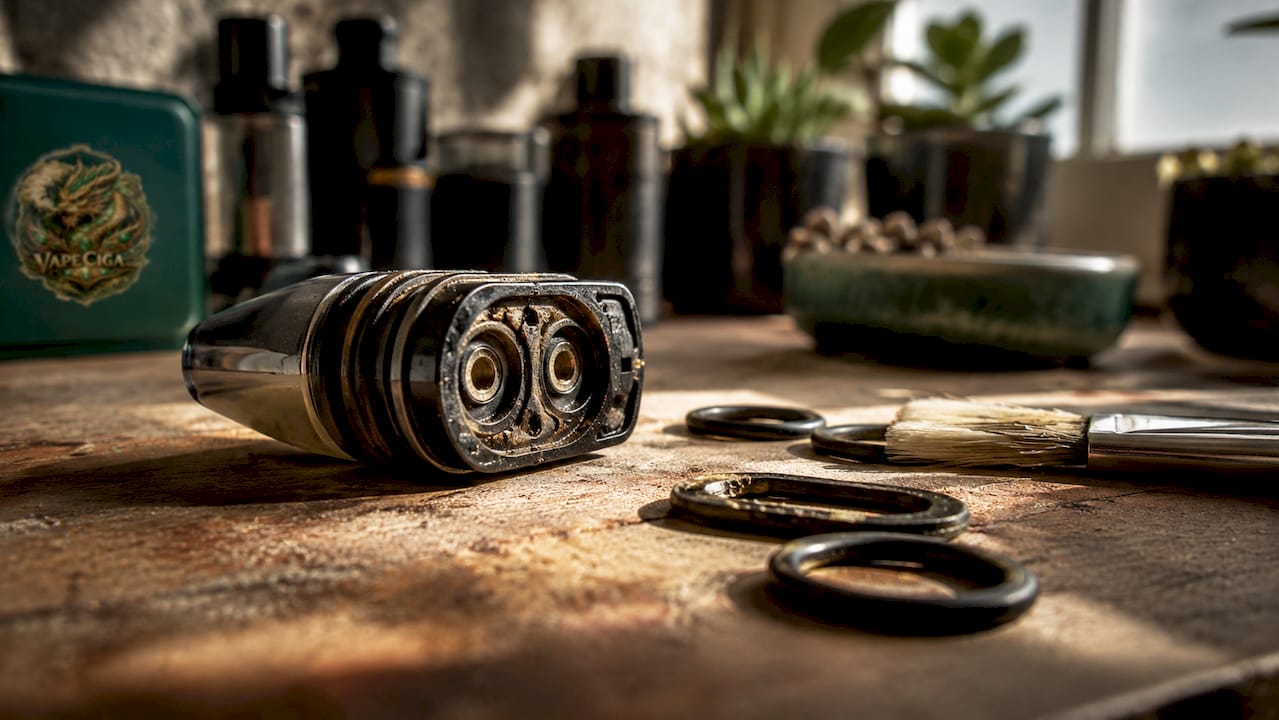 Close-up of worn seals on vape pod base