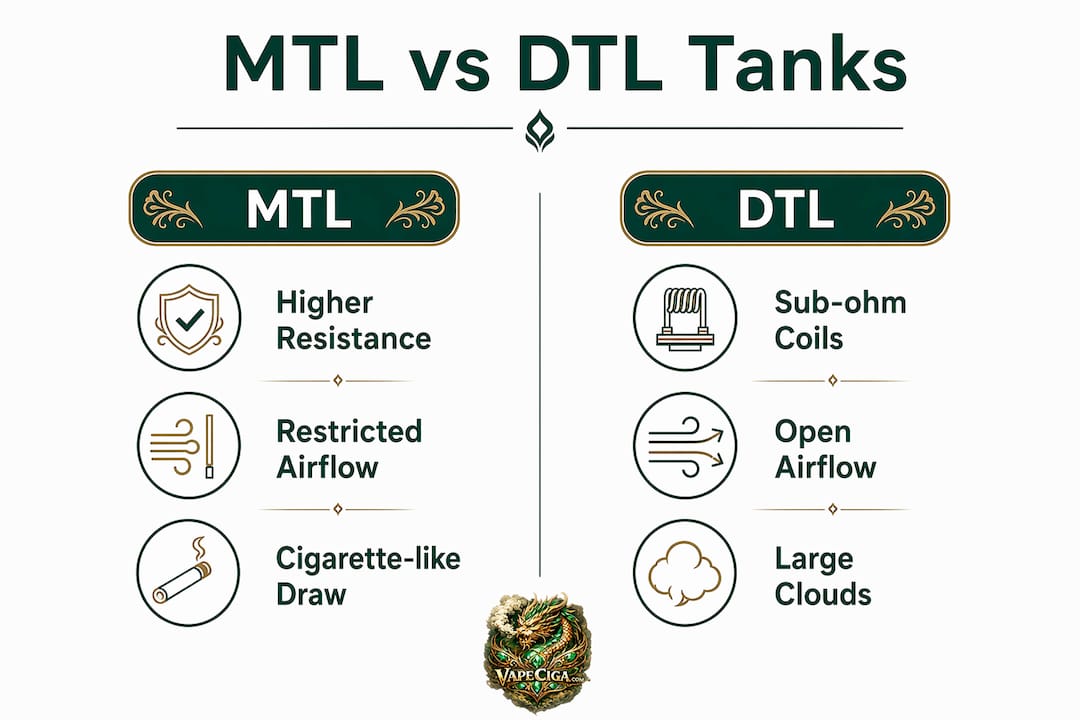 Infographic comparing MTL and DTL disposable vape tanks