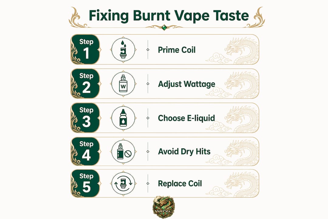 Infographic with steps to fix burnt vape flavor