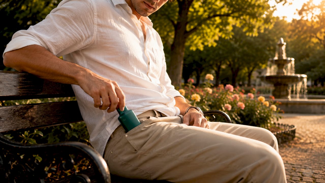 Person putting BC5000 vape into jeans pocket outdoors