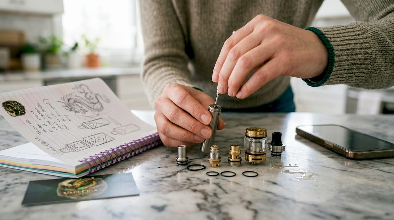 Close-up of vape pen parts on desk