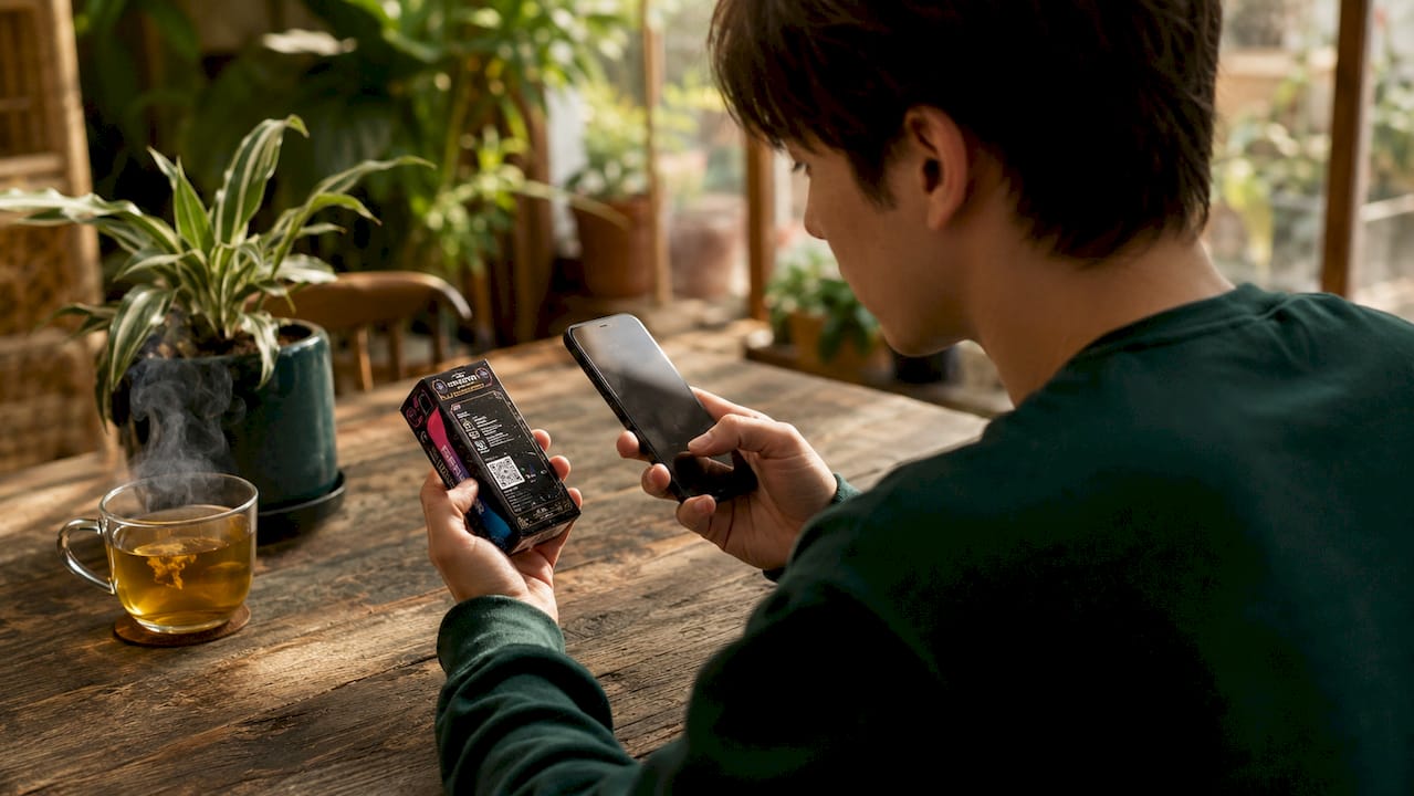 Hands scanning QR code on Geek Bar package
