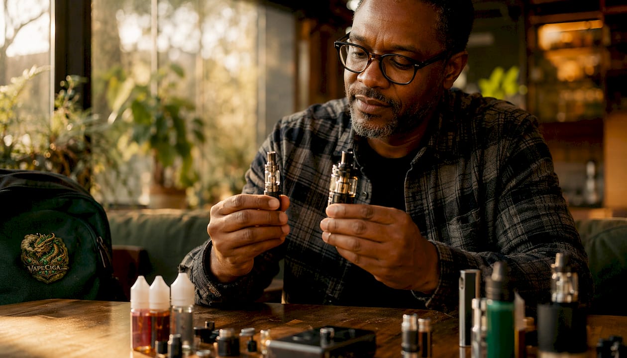 Man comparing mouth to lung and direct lung vape tanks