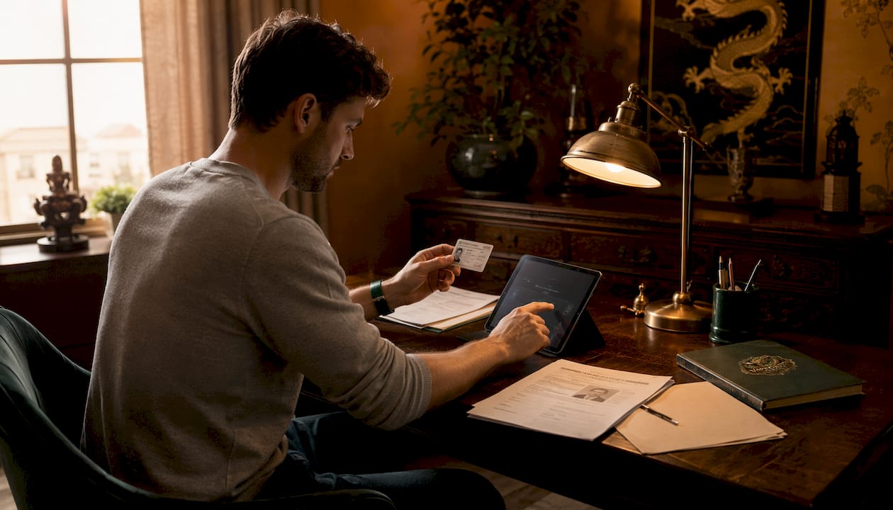 Hands verifying age with ID and tablet screen