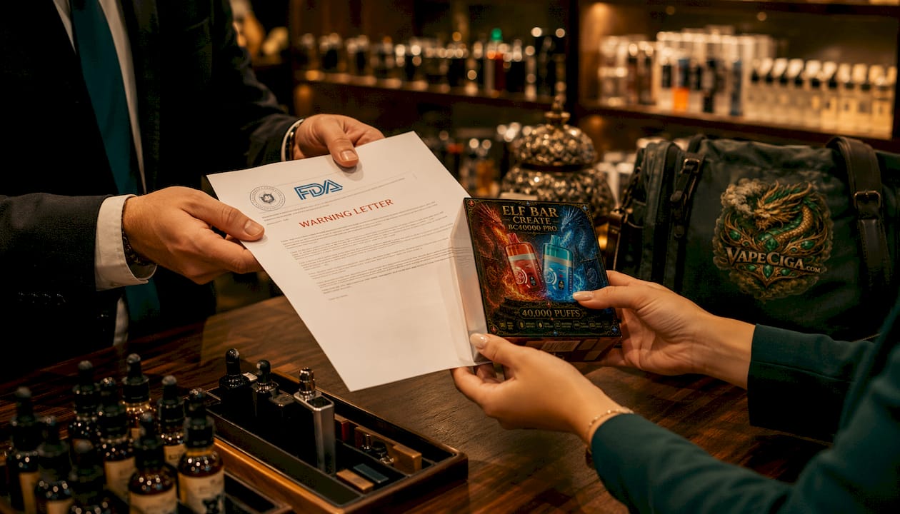 Hands exchanging FDA warning letter and vape product