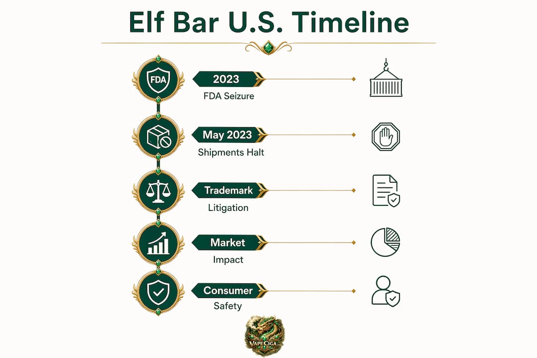 Infographic showing Elf Bar U.S. market timeline and FDA impact