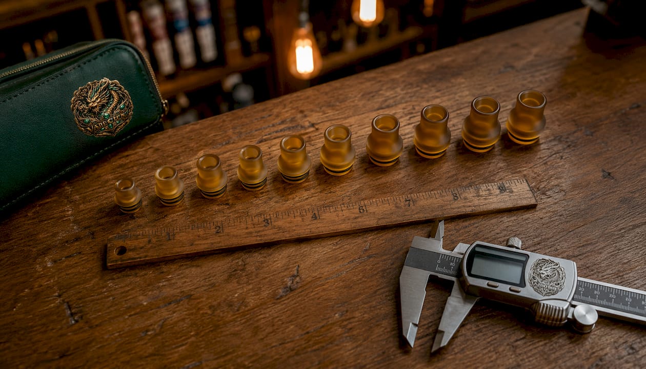 Varied bore size Ultem drip tips with measuring tools