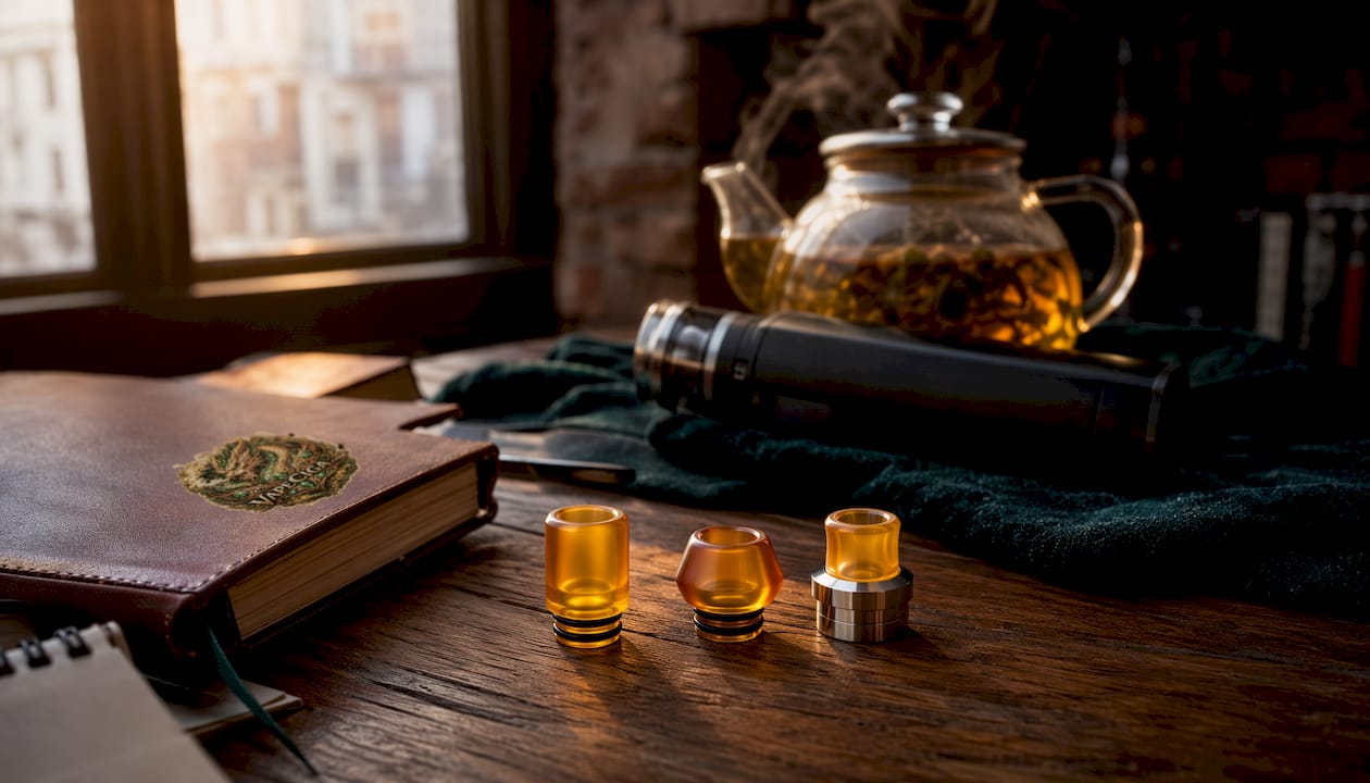 Three distinct Ultem drip tip models displayed on desk