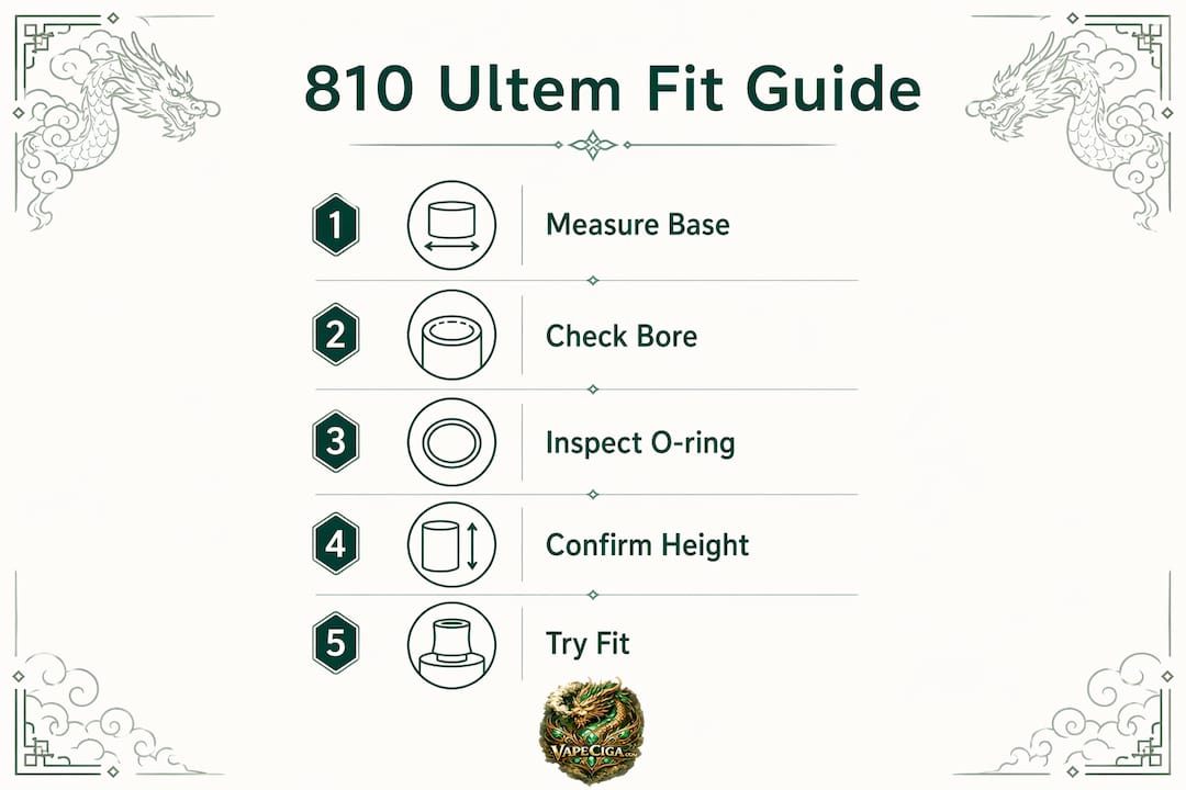 Infographic detailing steps to confirm 810 Ultem drip tip fit