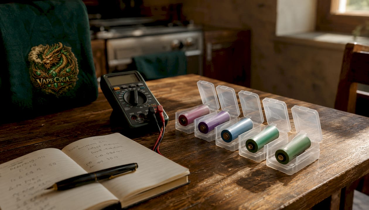 Vape batteries in protective sleeves on workbench