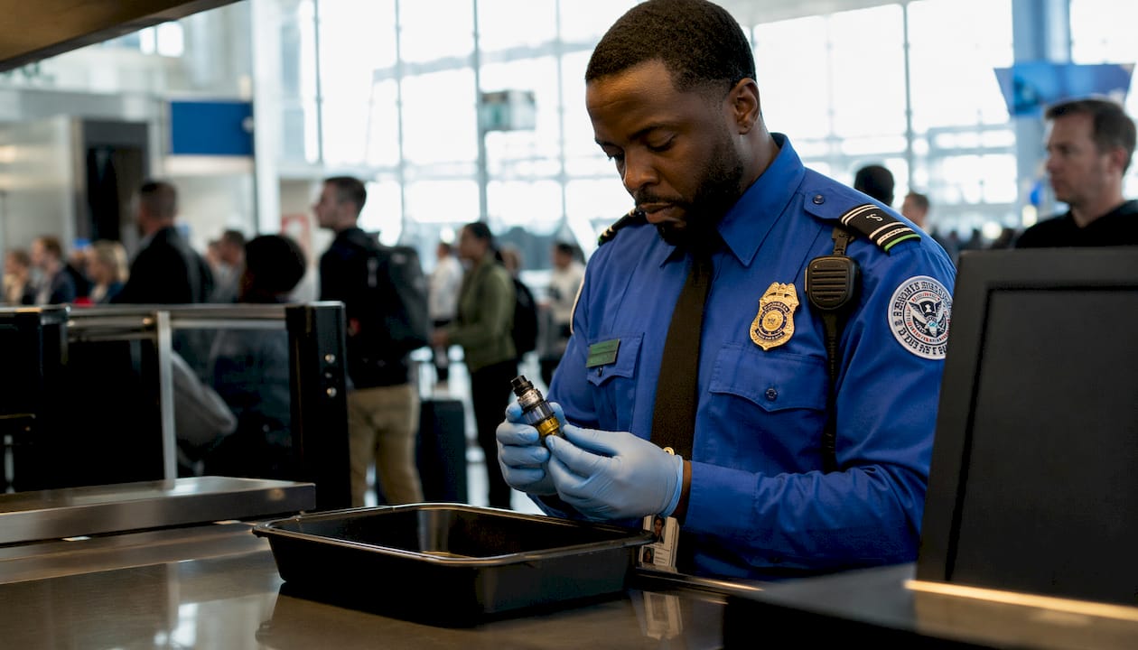 TSA officer inspecting a vaping device at checkpoint