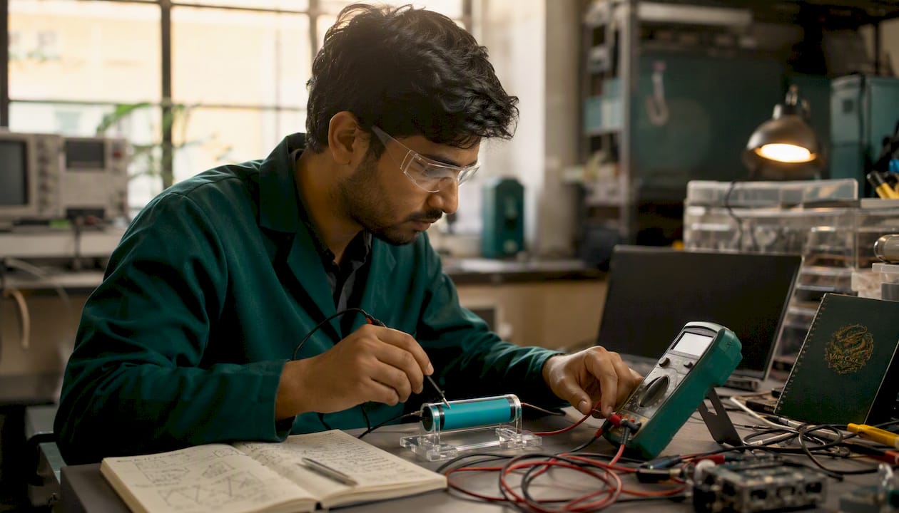 Technician testing 21700 battery in electronics lab
