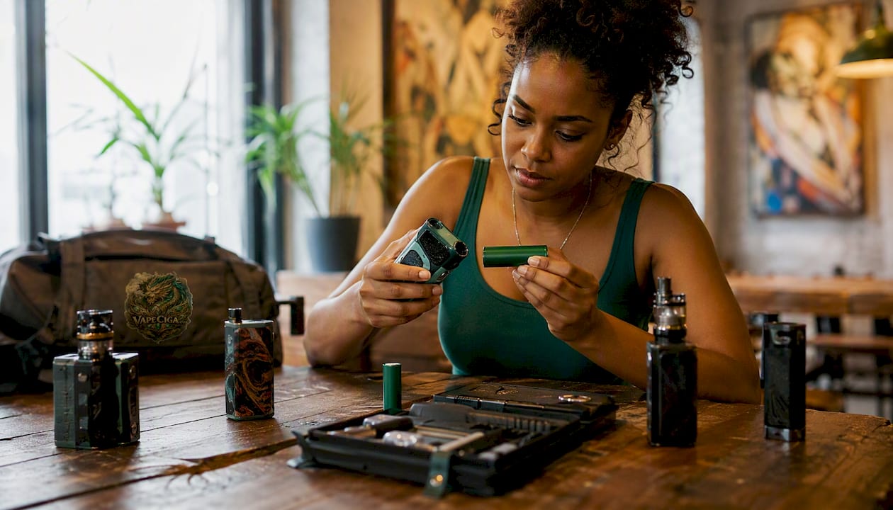 Woman comparing vape devices using 18650 and 21700 batteries