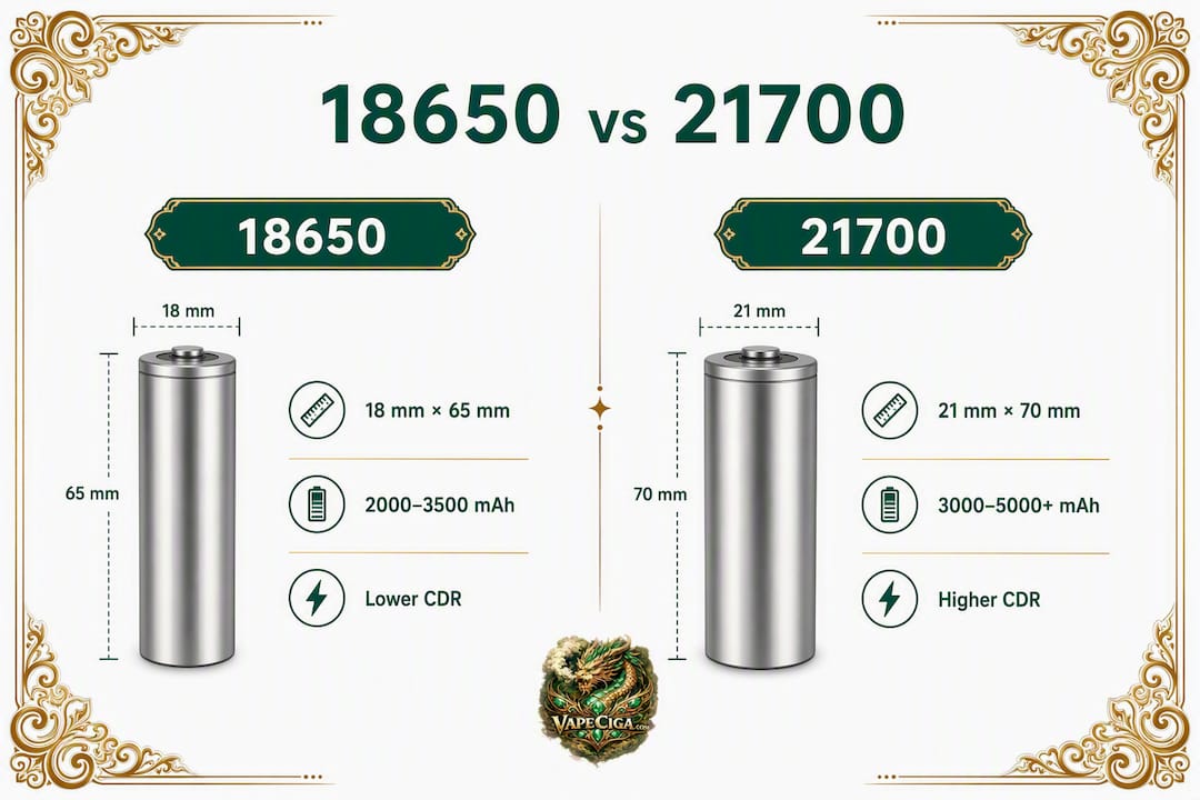 Infographic comparing 18650 and 21700 battery specs and performance