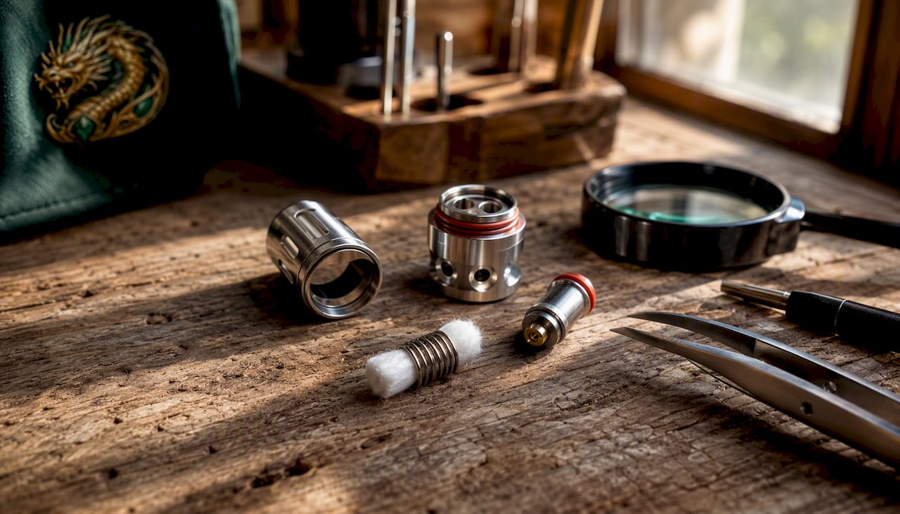 Disassembled vape coil parts on clean white table.