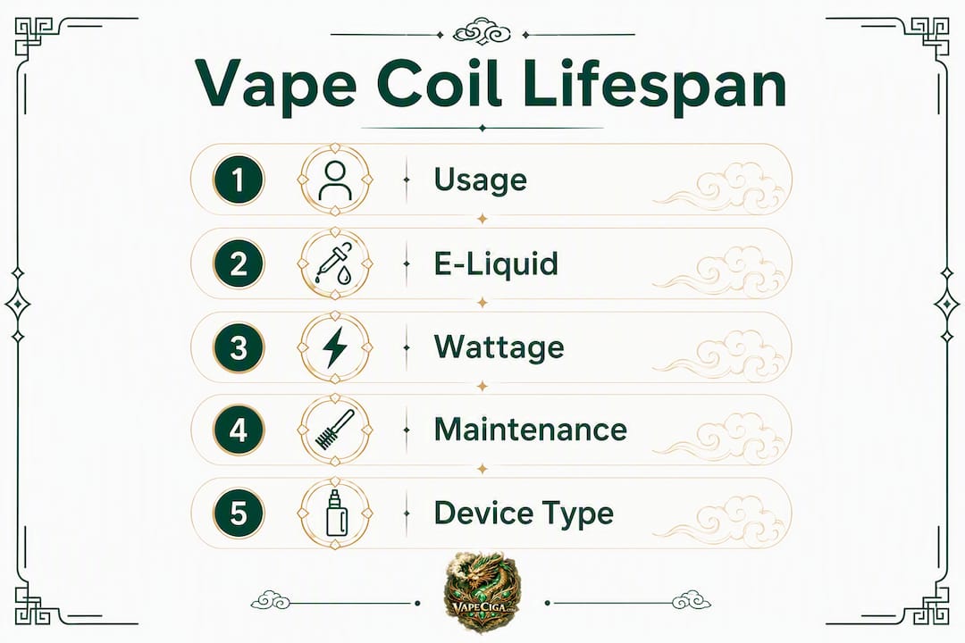 Infographic of vape coil lifespan factors in vertical steps.