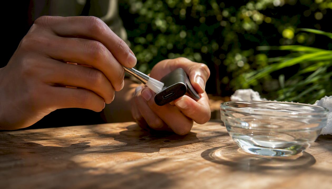 Hands cleaning vape charging port with brush