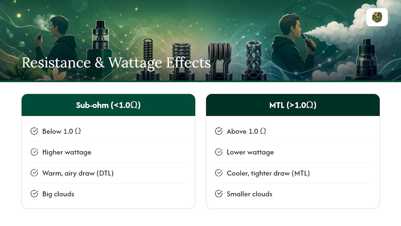 Diagram illustrating resistance and wattage impact on vape flavor and clouds