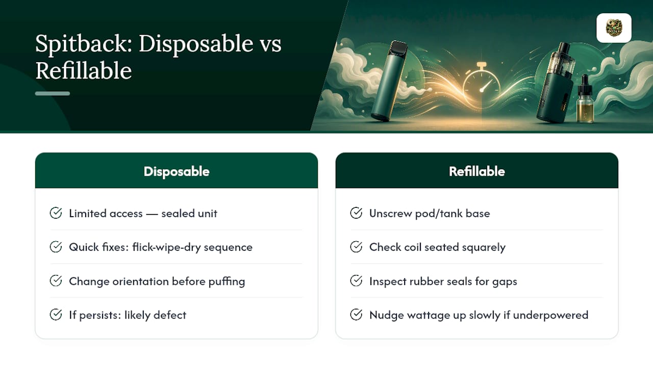 Diagram comparing disposable and refillable vape spitback fixes