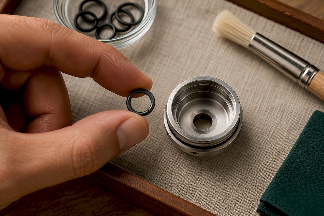 Hands inspecting a sub-ohm tank O-ring